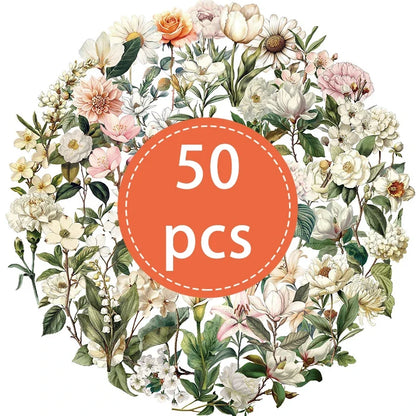 50PCS Transparent Vintage Floral Stickers | Nature Plant Flower Scrapbook Decals
